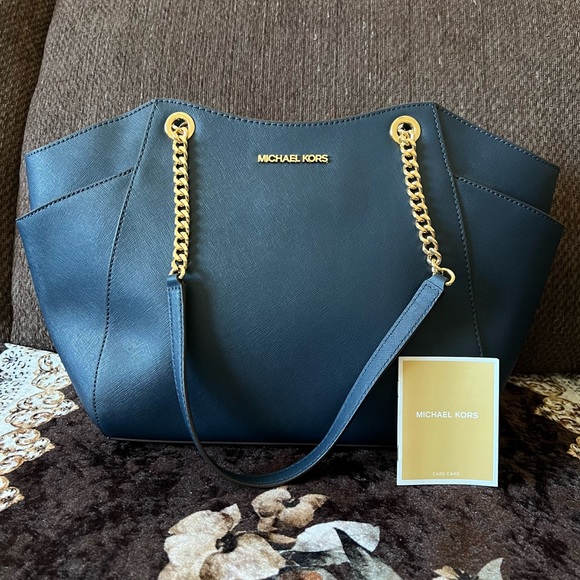 MICHAEL KORS Navy Blue Leather Jet Set Travel Gold-Tone Hardware Tote Handbag - Picture 4 of 16